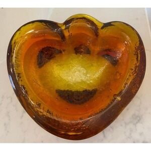 VTG Blenko Hand Blown Amber Dish/Ashtray, Clam/Heart Shape Glows In Black Light!